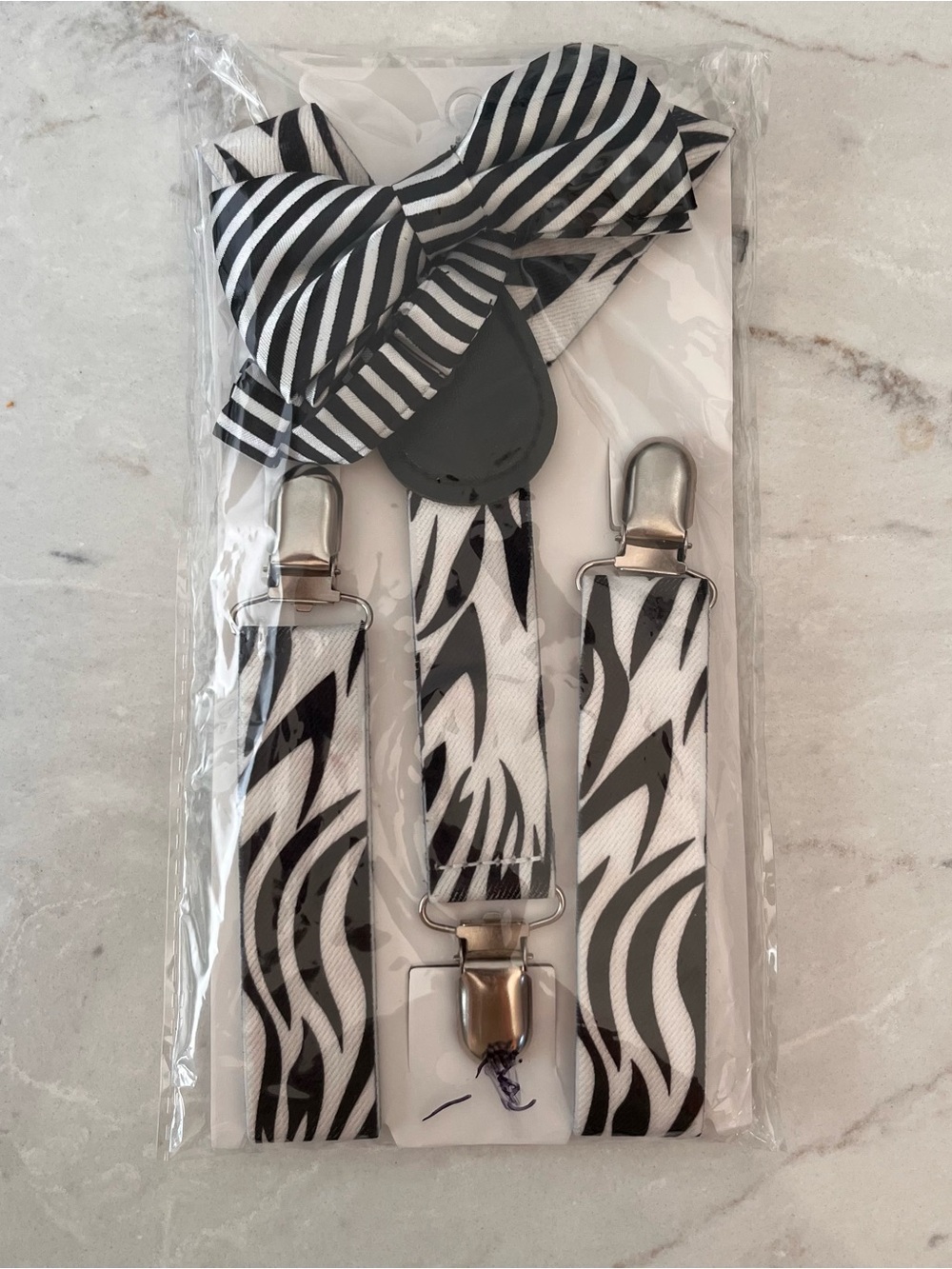 Kids Black & White Zebra-Print Suspenders with Coordinating Bow Tie